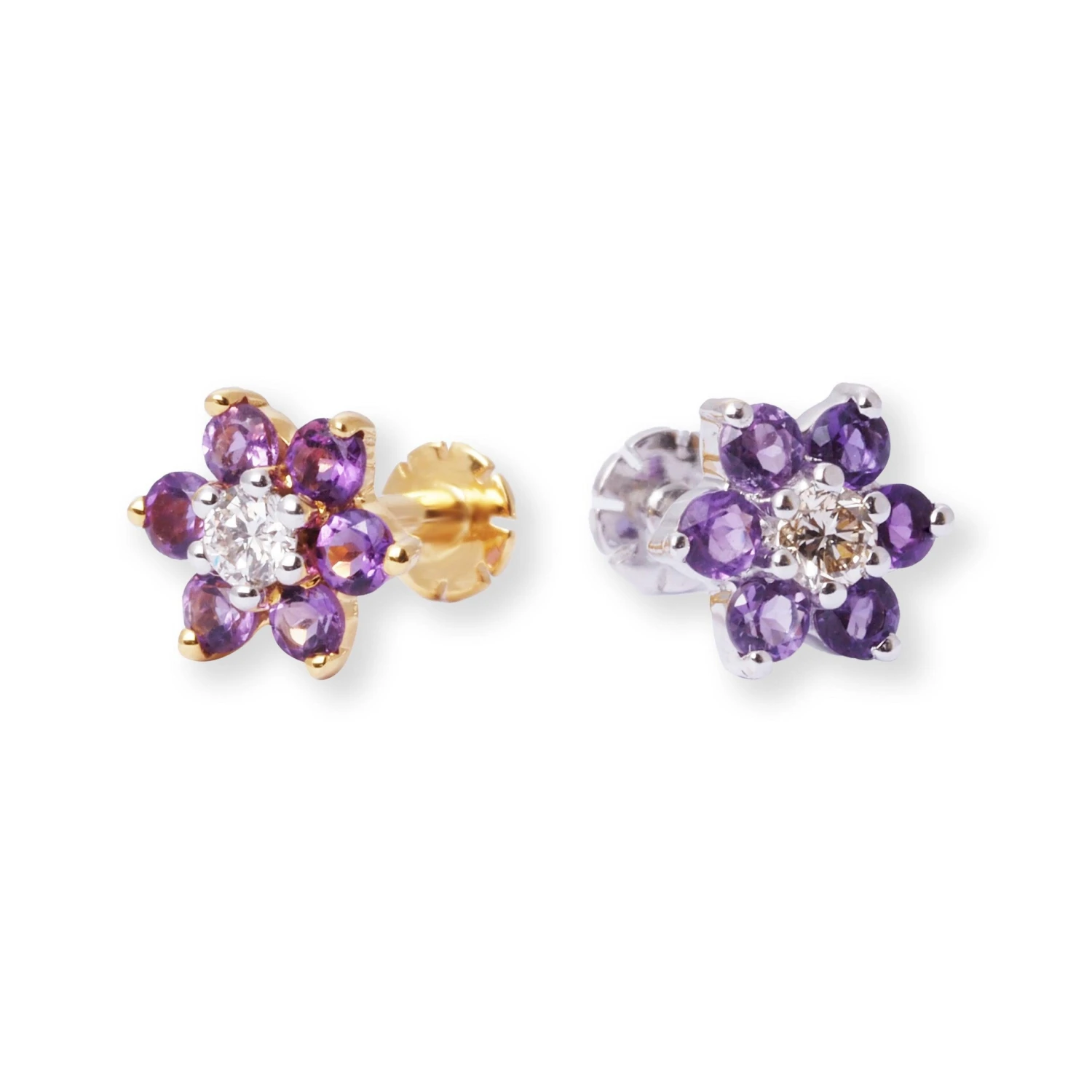 18ct Gold Diamond And Amethyst Cluster Screw Back Nose Stud. 1 18ct Gold Diamond And Amethyst Cluster Screw Back Nose Stud.
