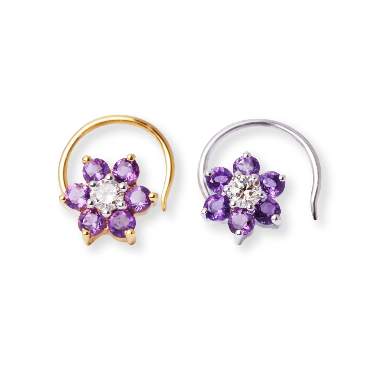 18ct Gold Diamond And Amethyst Cluster Wire Coil Back Nose Stud. 2 18ct Gold Diamond And Amethyst Cluster Wire Coil Back Nose Stud. - Image 2