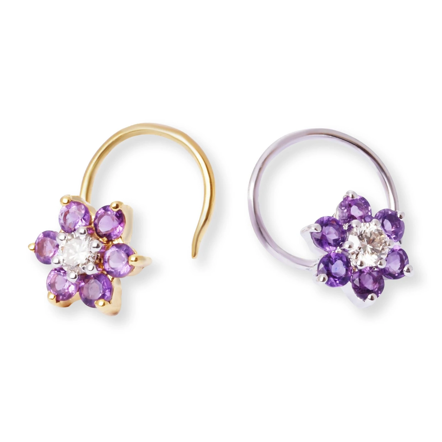 18ct Gold Diamond And Amethyst Cluster Wire Coil Back Nose Stud. 1 18ct Gold Diamond And Amethyst Cluster Wire Coil Back Nose Stud.
