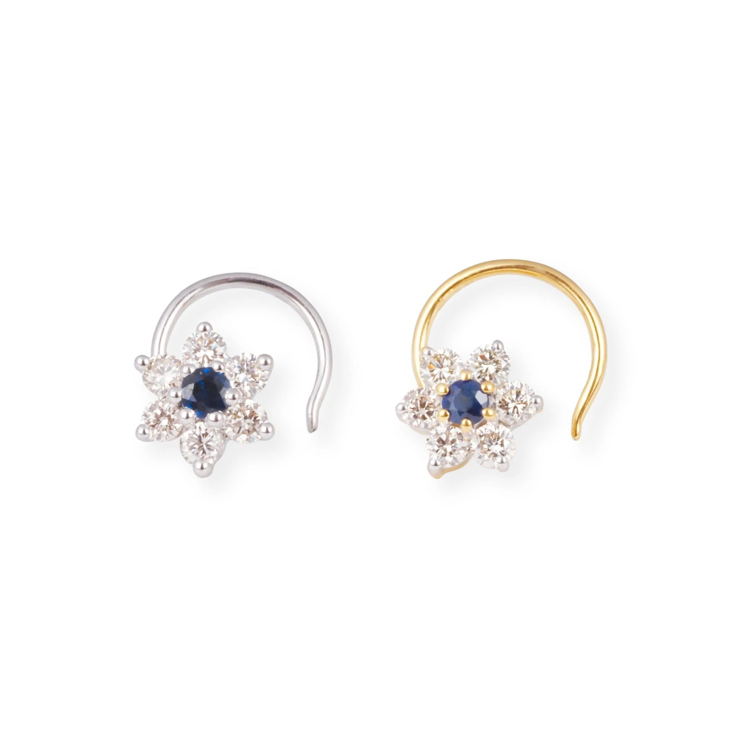 18ct Gold Diamond And Blue Sapphire Cluster Wire Coil Back Nose Stud. 2 18ct Gold Diamond And Blue Sapphire Cluster Wire Coil Back Nose Stud. - Image 2
