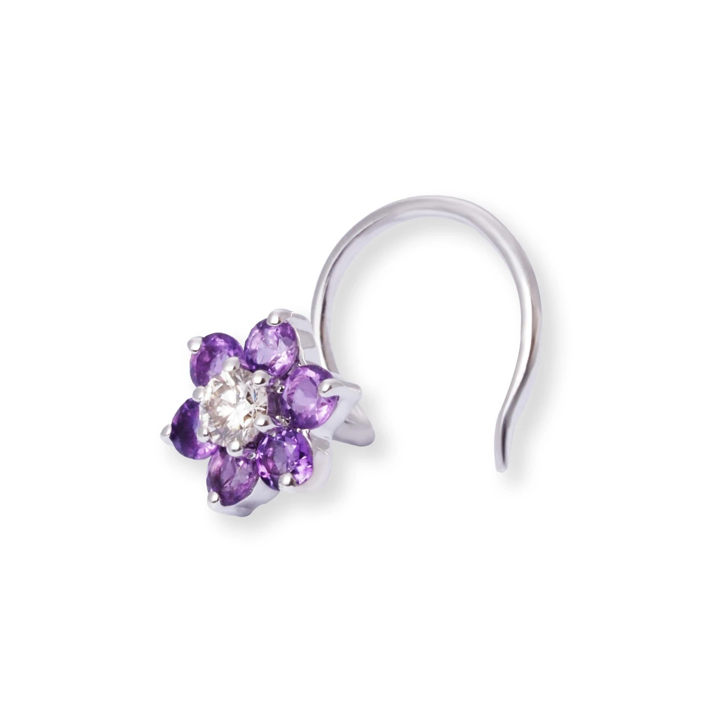 18ct Gold Diamond And Amethyst Cluster Wire Coil Back Nose Stud. 8 18ct Gold Diamond And Amethyst Cluster Wire Coil Back Nose Stud. - Image 8