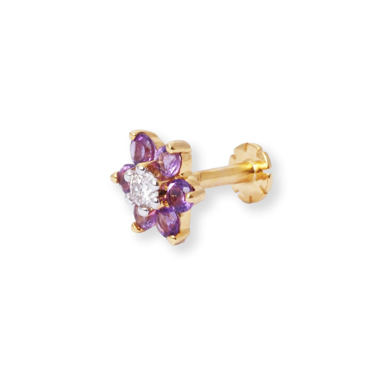 18ct Gold Diamond And Amethyst Cluster Screw Back Nose Stud. 3 18ct Gold Diamond And Amethyst Cluster Screw Back Nose Stud. - Image 3