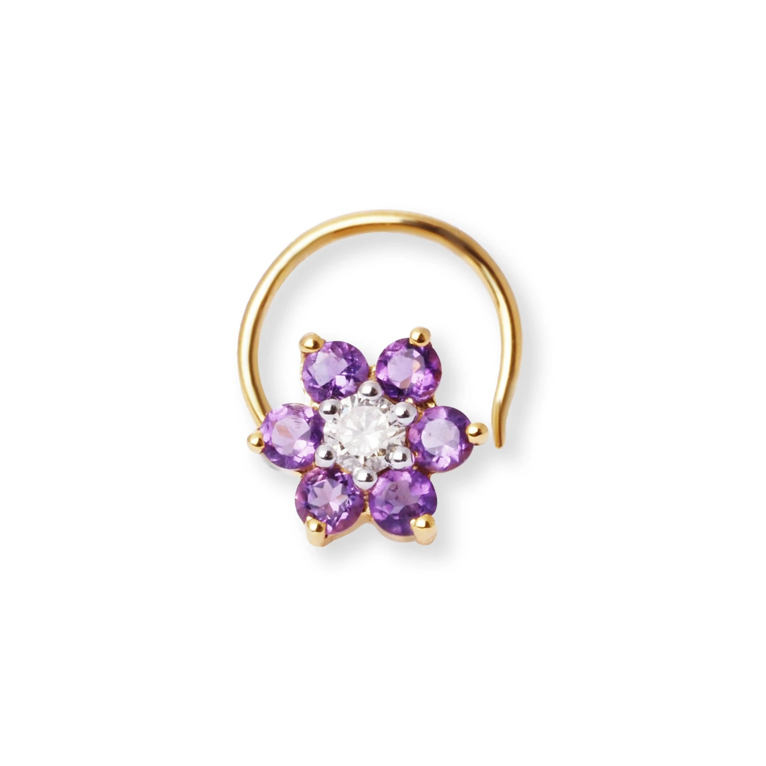 18ct Gold Diamond And Amethyst Cluster Wire Coil Back Nose Stud. 3 18ct Gold Diamond And Amethyst Cluster Wire Coil Back Nose Stud. - Image 3