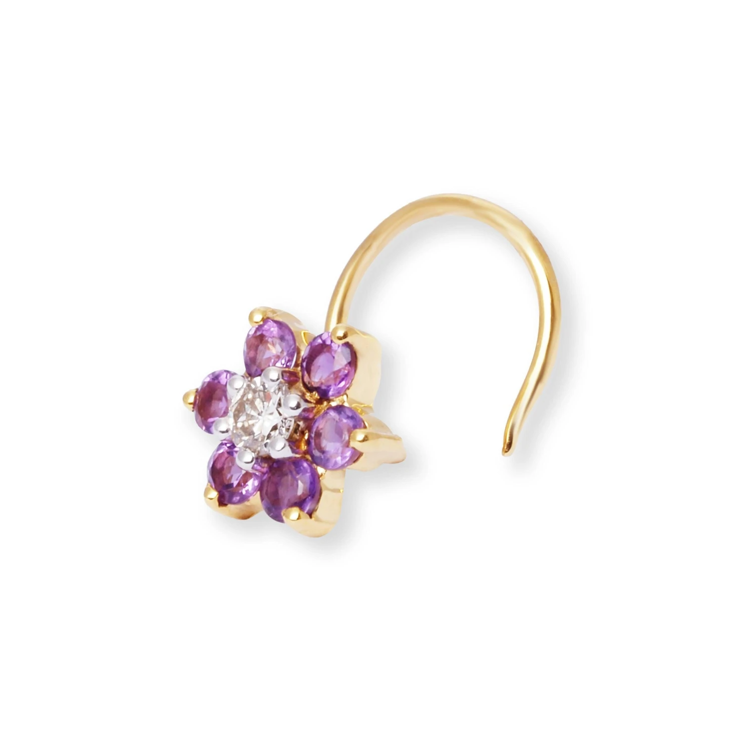 18ct Gold Diamond And Amethyst Cluster Wire Coil Back Nose Stud. 4 18ct Gold Diamond And Amethyst Cluster Wire Coil Back Nose Stud. - Image 4