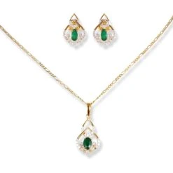 18ct Yellow Gold Diamond & Emerald Set (Pendant + Chain + Earrings) MCS6243/4