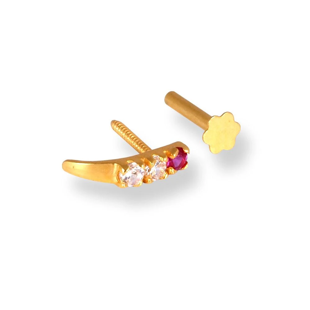 18ct Yellow Gold Faux Nose Ring With Screw Back Closure, White And Pink Cubic Zirconia Stones. 2 18ct Yellow Gold Faux Nose Ring With Screw Back Closure, White And Pink Cubic Zirconia Stones. - Image 2