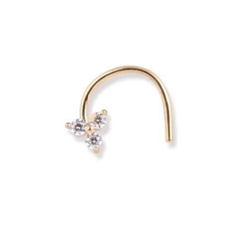 18ct Yellow Gold Flower Design Wire Back Nose Stud With 3 White Cubic Zirconia Stones.