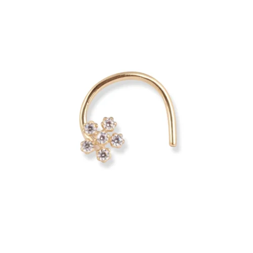 18ct Yellow Gold Flower Design Wire Back Nose Stud With 6 White Cubic Zirconia Stones.