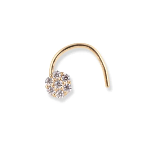 18ct Yellow Gold Flower Design Wire Back Nose Stud With 7 White Cubic Zirconia Stones.