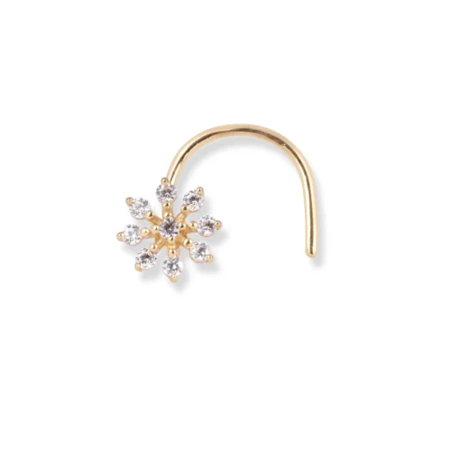 18ct Yellow Gold Flower Design Wire Back Nose Stud With 9 White Cubic Zirconia Stones.