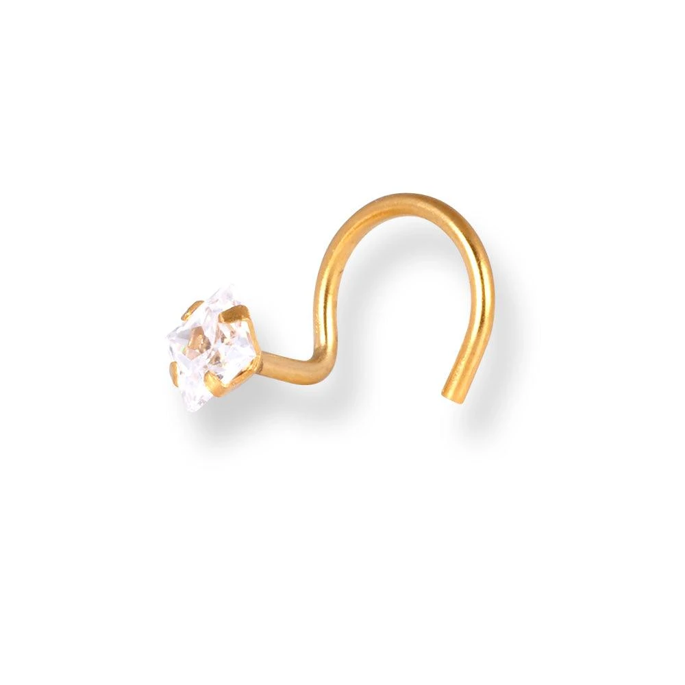 18ct Yellow Gold Princes Cut Cubic Zirconia Wire Coil Back Nose Stud. 2 18ct Yellow Gold Princes Cut Cubic Zirconia Wire Coil Back Nose Stud. - Image 2