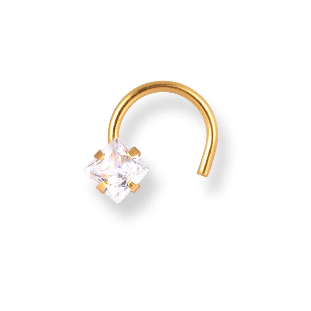 18ct Yellow Gold Princes Cut Cubic Zirconia Wire Coil Back Nose Stud. 1 18ct Yellow Gold Princes Cut Cubic Zirconia Wire Coil Back Nose Stud.