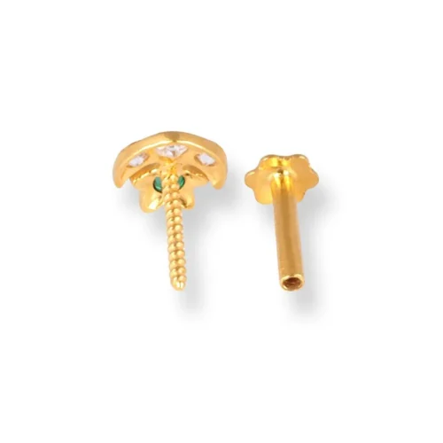 18ct Yellow Gold Screw Back Crescent And Star Nose Stud With Three White And One Green Cubic Zirconia Stones. -Shiny Jewelry Hub 18ct yellow gold screw back crescent and star nose stud with three white one green cubic zirconia stones 3