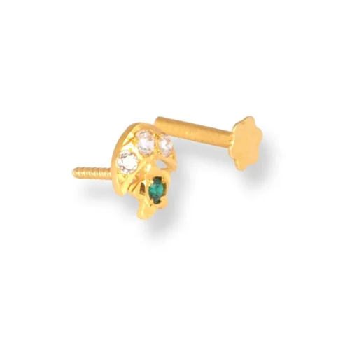 18ct Yellow Gold Screw Back Crescent And Star Nose Stud With Three White And One Green Cubic Zirconia Stones. -Shiny Jewelry Hub 18ct yellow gold screw back crescent and star nose stud with three white one green cubic zirconia stones 4
