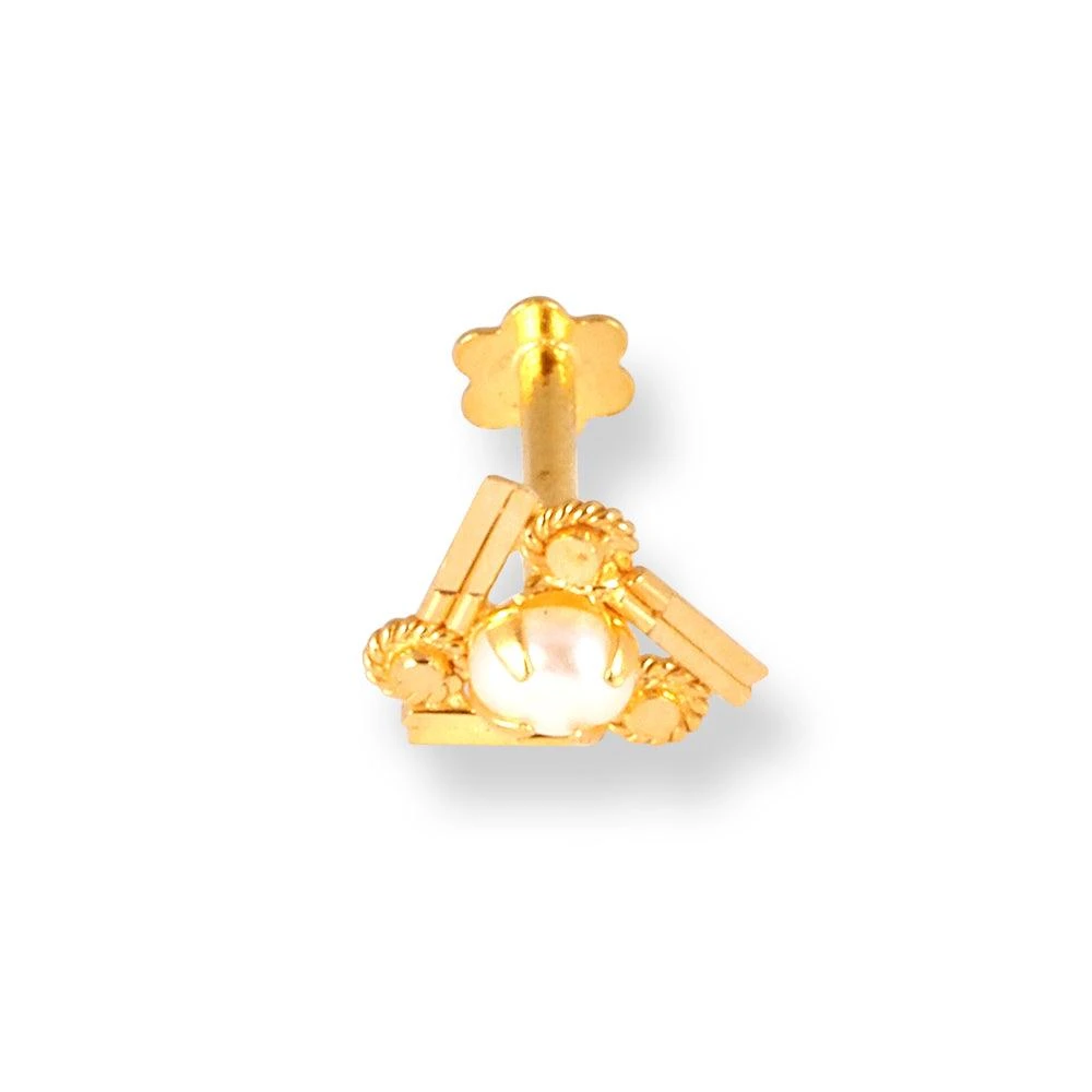 18ct Yellow Gold Screw Back Nose Stud In Triangular Shape With A Cultured Pearl. 2 18ct Yellow Gold Screw Back Nose Stud In Triangular Shape With A Cultured Pearl. - Image 2