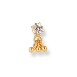 18ct Yellow Gold Screw Back Nose Stud With A Cubic Zirconia Stone And Gold Drops.