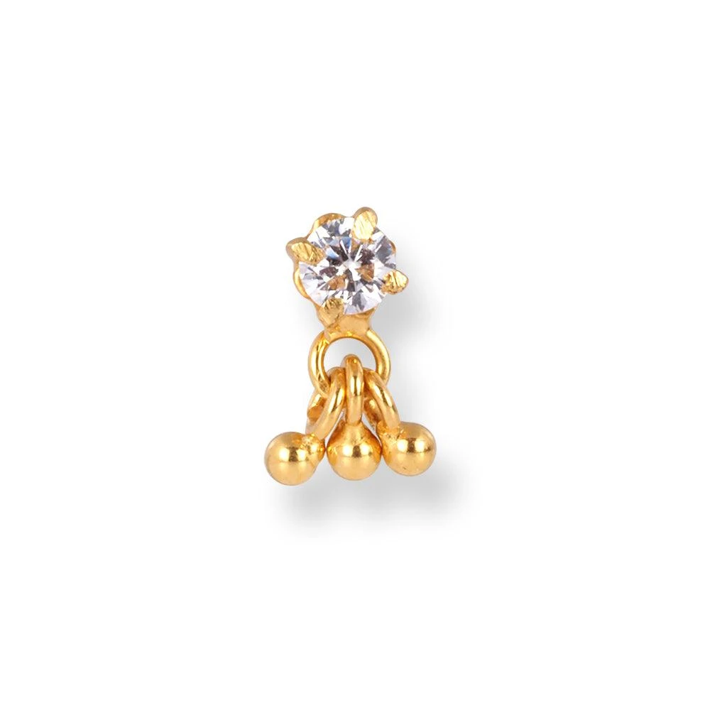 18ct Yellow Gold Screw Back Nose Stud With A Cubic Zirconia Stone And Gold Drops. 1 18ct Yellow Gold Screw Back Nose Stud With A Cubic Zirconia Stone And Gold Drops.