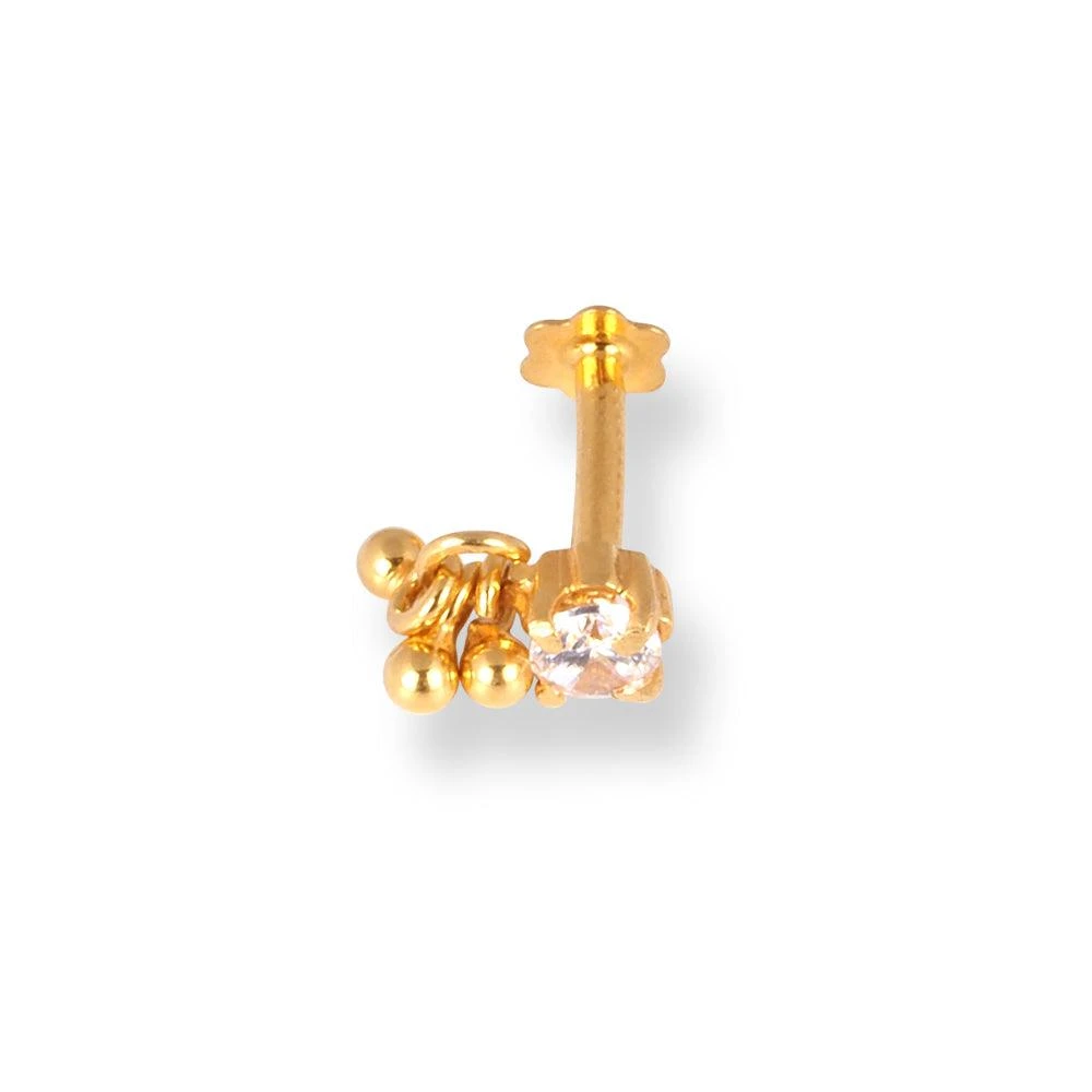 18ct Yellow Gold Screw Back Nose Stud With A Cubic Zirconia Stone And Gold Drops. 2 18ct Yellow Gold Screw Back Nose Stud With A Cubic Zirconia Stone And Gold Drops. - Image 2