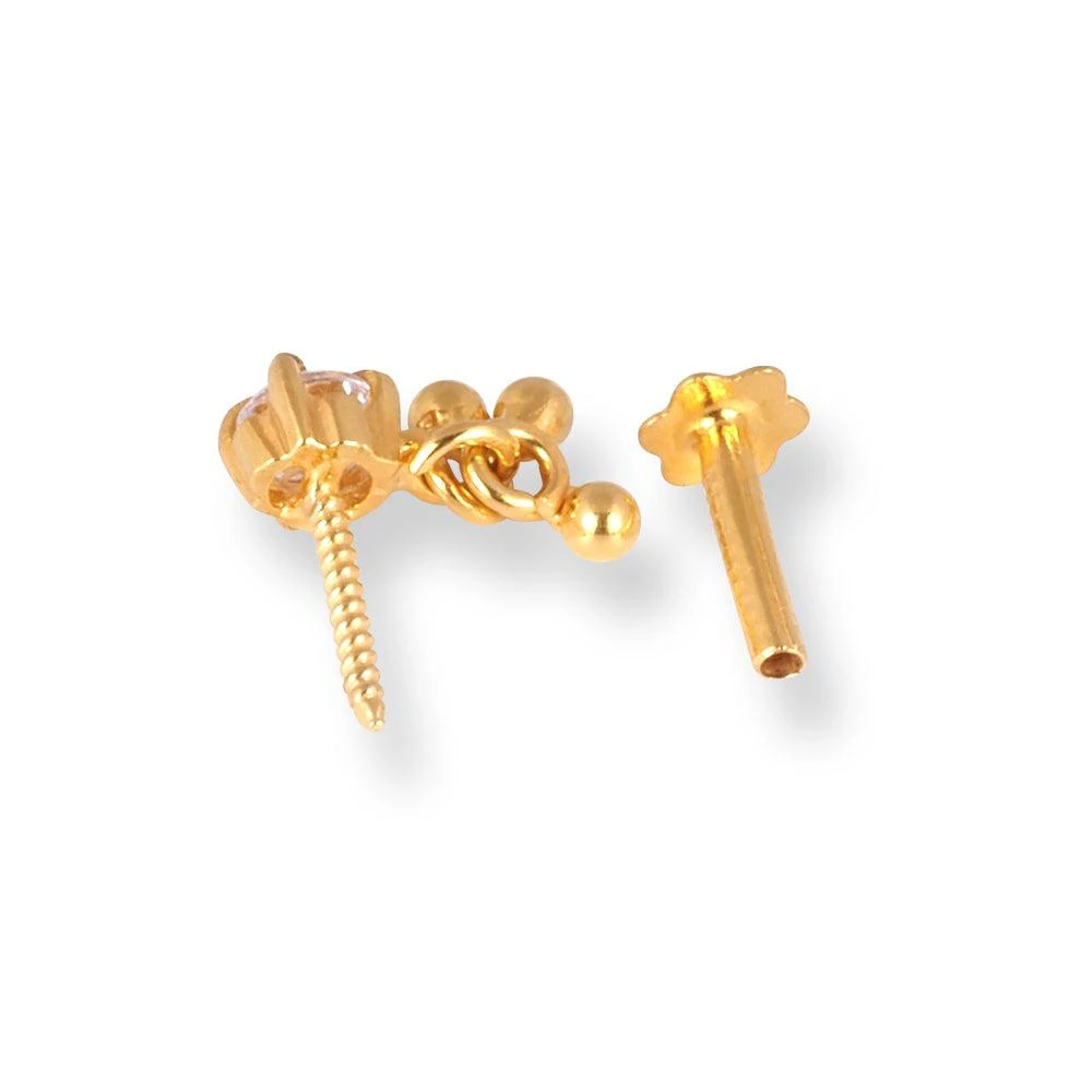 18ct Yellow Gold Screw Back Nose Stud With A Cubic Zirconia Stone And Gold Drops. 4 18ct Yellow Gold Screw Back Nose Stud With A Cubic Zirconia Stone And Gold Drops. - Image 4