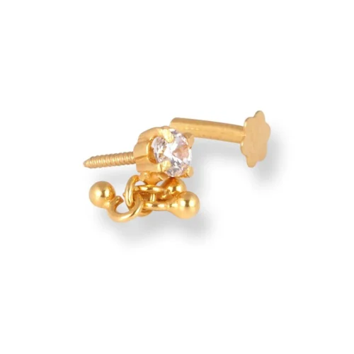 18ct Yellow Gold Screw Back Nose Stud With A Cubic Zirconia Stone And Gold Drops. 6 18ct Yellow Gold Screw Back Nose Stud With A Cubic Zirconia Stone And Gold Drops. -Shiny Jewelry Hub 18ct yellow gold screw back nose stud with a cubic zirconia stone gold drops 4