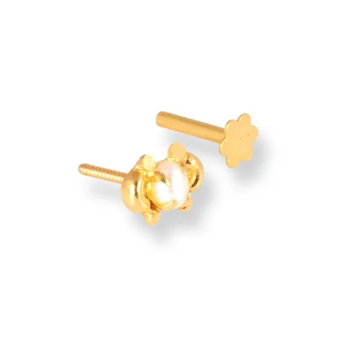 18ct Yellow Gold Screw Back Nose Stud With A Cultured Pearl. -Shiny Jewelry Hub 18ct yellow gold screw back nose stud with a cultured pearl 24