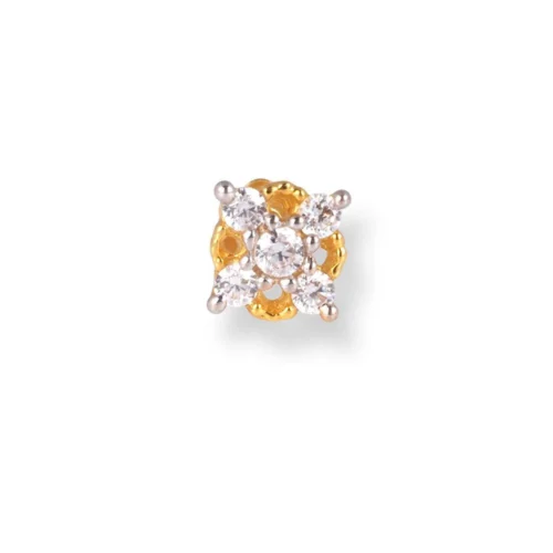 18ct Yellow Gold Screw Back Nose Stud With Six White Cubic Zirconias.
