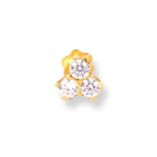 18ct Yellow Gold Screw Back Nose Stud With Three White Cubic Zirconia Stones.