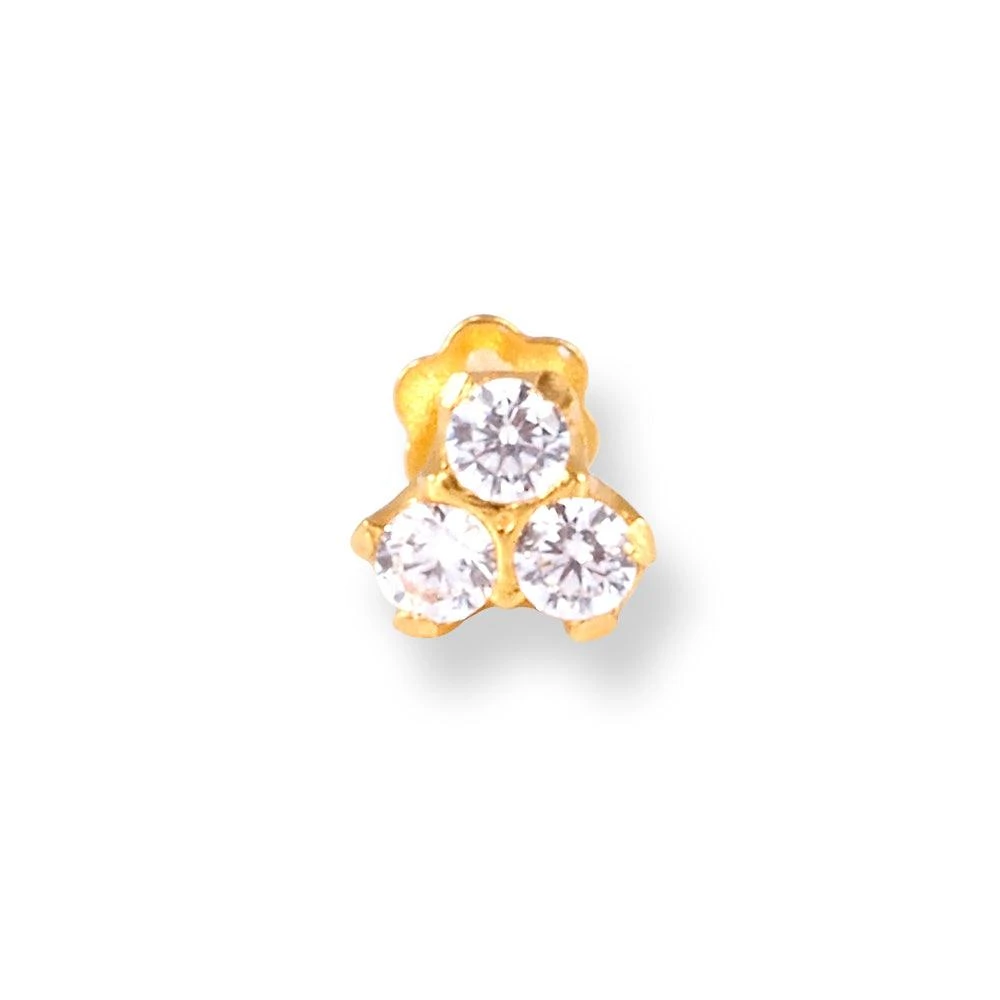 18ct Yellow Gold Screw Back Nose Stud With Three White Cubic Zirconia Stones. 1 18ct Yellow Gold Screw Back Nose Stud With Three White Cubic Zirconia Stones.