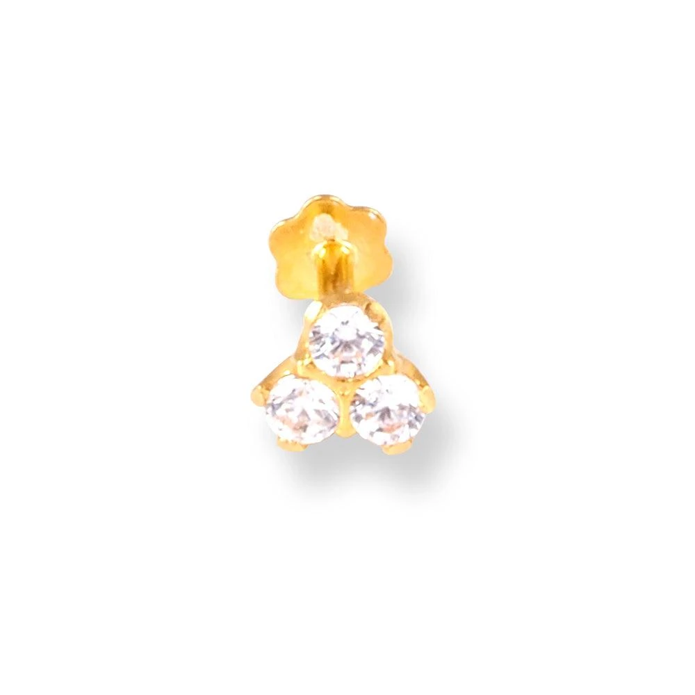 18ct Yellow Gold Screw Back Nose Stud With Three White Cubic Zirconia Stones. 2 18ct Yellow Gold Screw Back Nose Stud With Three White Cubic Zirconia Stones. - Image 2