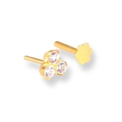 18ct Yellow Gold Screw Back Nose Stud With Three White Cubic Zirconia Stones. 7 18ct Yellow Gold Screw Back Nose Stud With Three White Cubic Zirconia Stones. -Shiny Jewelry Hub 18ct yellow gold screw back nose stud with three white cubic zirconia stones 8
