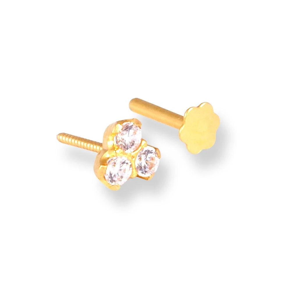 18ct Yellow Gold Screw Back Nose Stud With Three White Cubic Zirconia Stones. 4 18ct Yellow Gold Screw Back Nose Stud With Three White Cubic Zirconia Stones. - Image 4