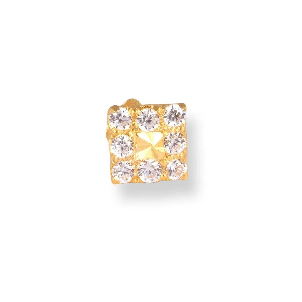 18ct Yellow Gold Square Shaped Screw Back Nose Stud With Cubic Zirconia Stones. 2 18ct Yellow Gold Square Shaped Screw Back Nose Stud With Cubic Zirconia Stones. - Image 2