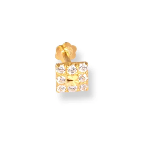 18ct Yellow Gold Square Shaped Screw Back Nose Stud With Cubic Zirconia Stones.