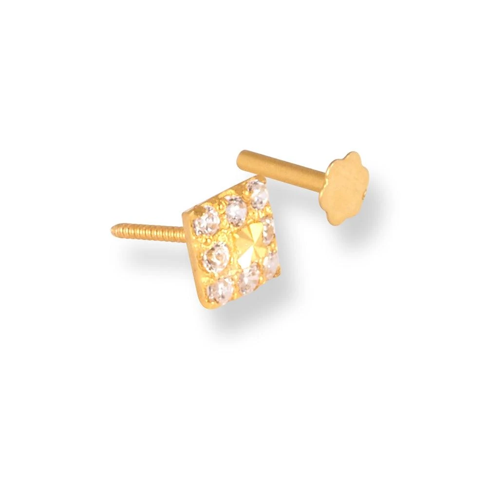 18ct Yellow Gold Square Shaped Screw Back Nose Stud With Cubic Zirconia Stones. 3 18ct Yellow Gold Square Shaped Screw Back Nose Stud With Cubic Zirconia Stones. - Image 3