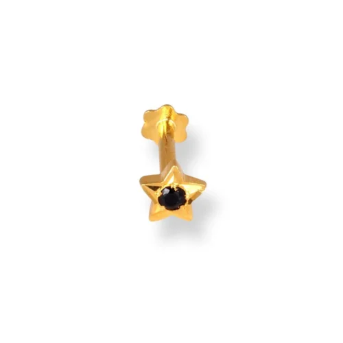 18ct Yellow Gold Star Shaped Screw Back Nose Stud With Cubic Zirconia Stone. -Shiny Jewelry Hub 18ct yellow gold star shaped screw back nose stud with black cubic zirconia stone