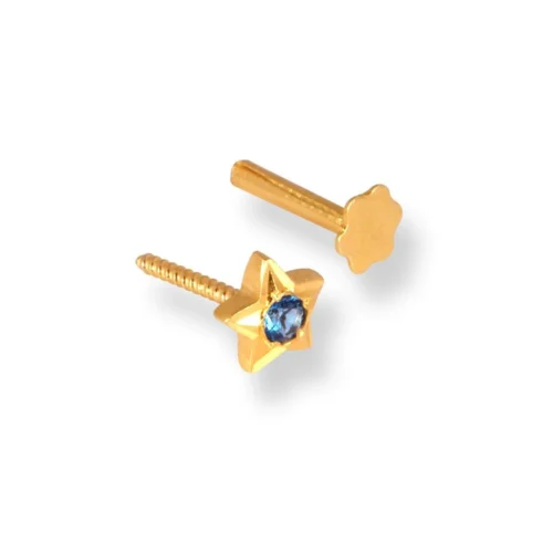 18ct Yellow Gold Star Shaped Screw Back Nose Stud With Cubic Zirconia Stone. -Shiny Jewelry Hub 18ct yellow gold star shaped screw back nose stud with blue cubic zirconia stone 2