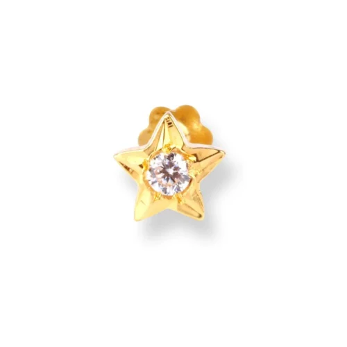 18ct Yellow Gold Star-Shaped Screw Back Nose Stud With One White Cubic Zirconia.