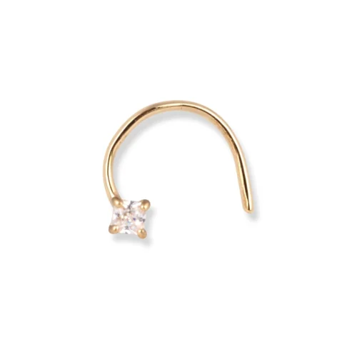 18ct Yellow Gold Wire Back Nose Stud With Princess Cut Cubic Zirconia Stone In Four Claw Setting.