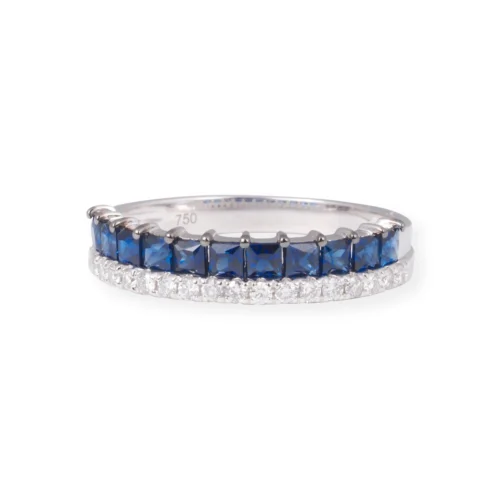 18ct White Gold Diamond & Blue Sapphire Band Ring LR-7033