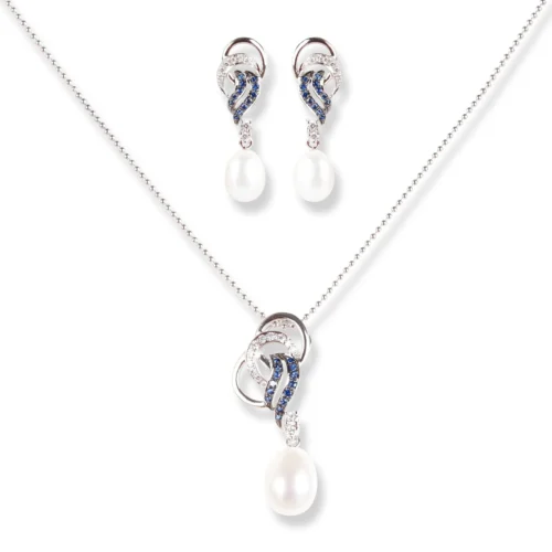 18ct White Gold Diamond , Blue Sapphire & Cultured Pearl Drop Set MCS6059/60