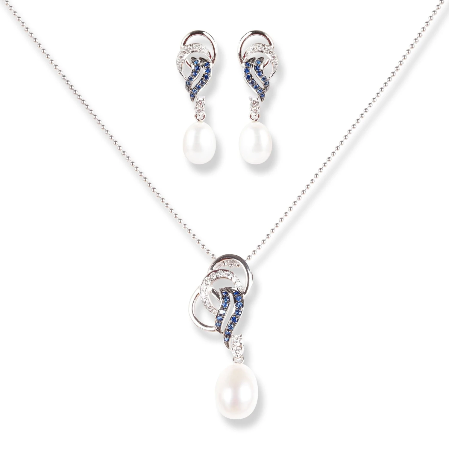 18ct White Gold Diamond , Blue Sapphire & Cultured Pearl Drop Set MCS6059/60 1 18ct White Gold Diamond , Blue Sapphire & Cultured Pearl Drop Set MCS6059/60