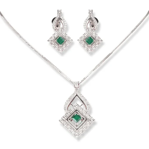 18ct White Gold Diamond & Emerald Set (Pendant + Chain + Earrings) MCS6223/4
