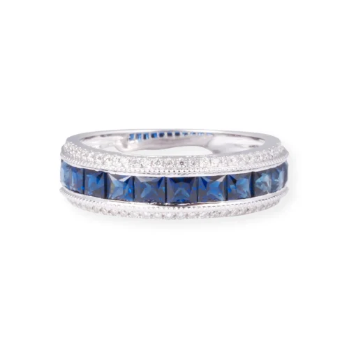 18ct White Gold With Diamonds & Blue Sapphire Ring In Pave Setting LR-7040