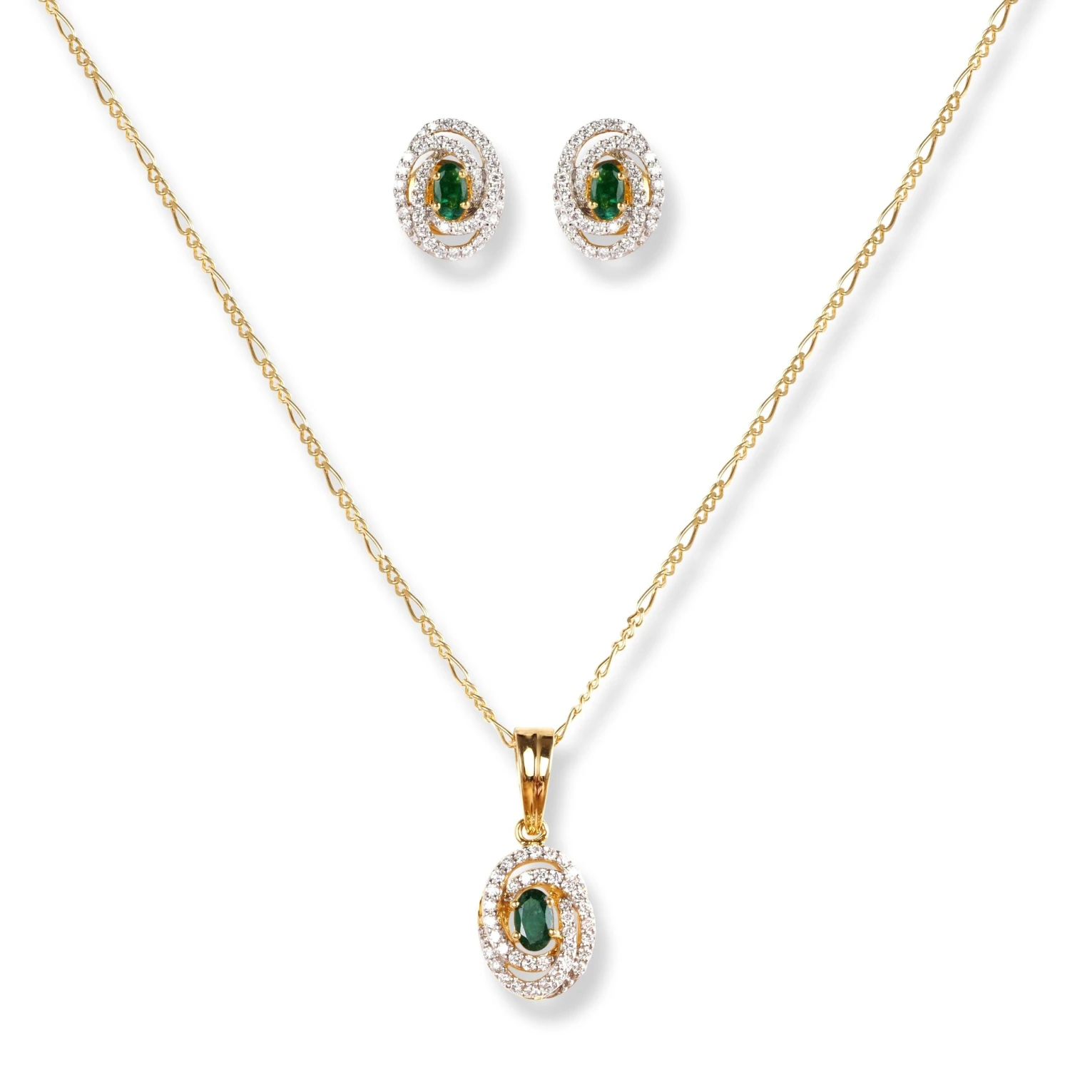 18ct Yellow Gold Diamond & Emerald Set (Pendant + Chain + Earrings) MCS6245/46 1 18ct Yellow Gold Diamond & Emerald Set (Pendant + Chain + Earrings) MCS6245/46