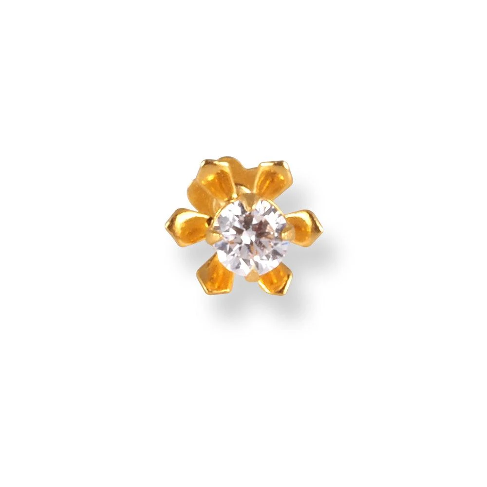18ct Yellow Gold Flower Design Screw Back Nose Stud With Cubic Zirconia Stone. 3 18ct Yellow Gold Flower Design Screw Back Nose Stud With Cubic Zirconia Stone. - Image 3