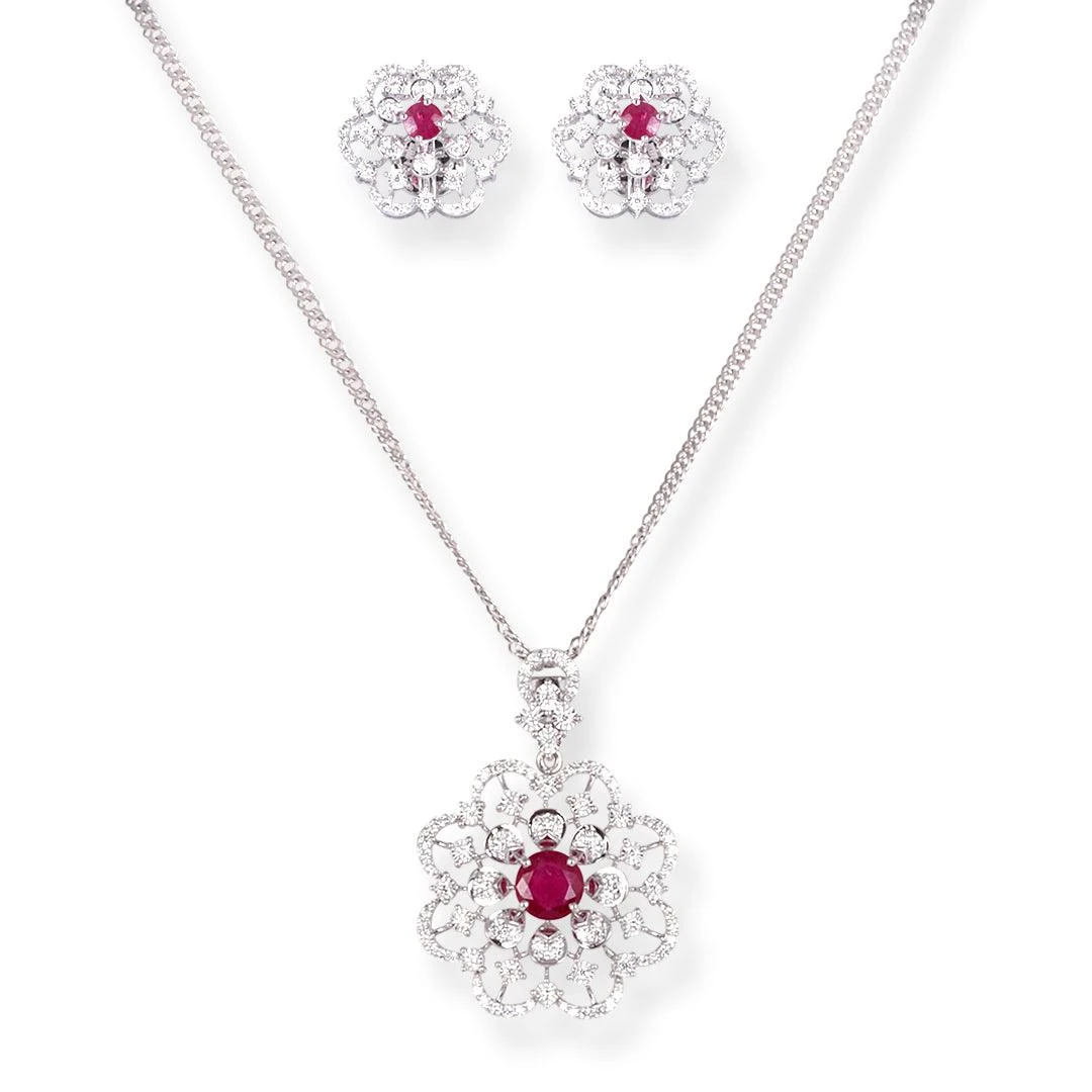 18ct White Gold Pendant & Earrings Set With Ruby And Diamond Floral Design – Luxury Women’s Jewellery 1 18ct White Gold Pendant & Earrings Set With Ruby And Diamond Floral Design – Luxury Women’s Jewellery