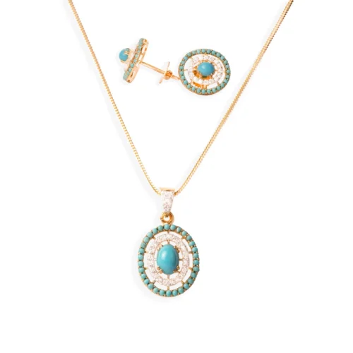 22ct Gold Cubic Zirconia And Turquoise Chain, Pendant And Earrings Set C-5779 P-7301 E-7301