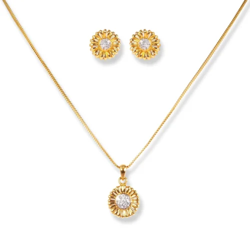 22ct Gold Flower Design Set With Cubic Zirconia Stones (Pendant + Chain + Stud Earrings) C-3795-LC-16 PS11015 E-PS11015