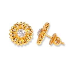 22ct Gold Flower Design Set With Cubic Zirconia Stones (Pendant + Chain + Stud Earrings) C-3795-LC-16 PS11015 E-PS11015 -Shiny Jewelry Hub 22ct gold flower design set with cubic zirconia stones pendant chain stud earrings 3