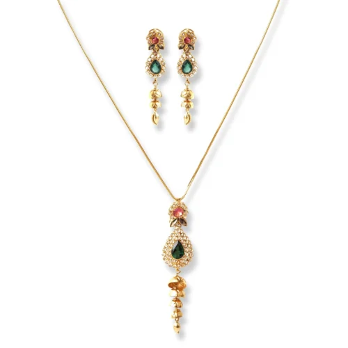 22ct Gold Set With Green, Pink & White Cubic Zirconia Stones (Pendant + Chain + Drop Earrings) (18.6g)